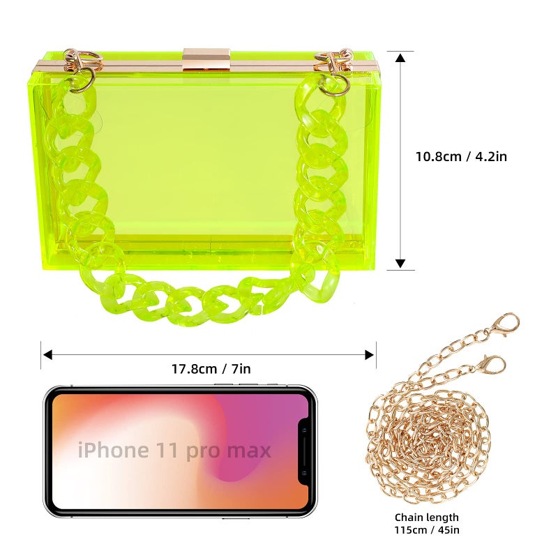 WJCD Women Clear Purse Acrylic Box Clutch Handbag, Small Transparent Crossbody Evening Bag Stadium Approved Gold Chain Strap (Green 2 chains) - Image 2